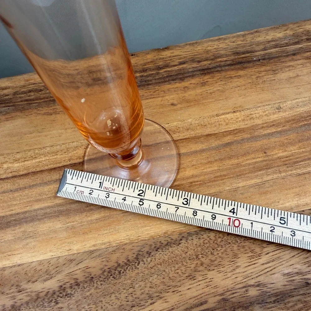 Vintage Peach Depression Glass Bud Vase Etched Leaves and Dots 8 inch Trumpet